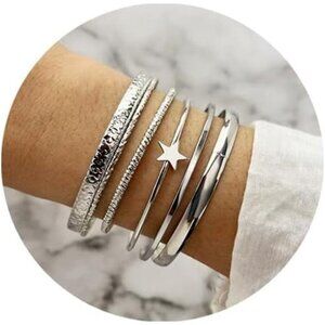6 Silver Bangle Bracelets for Women, Multi Layer Stackable Cuff Bracelet Set,